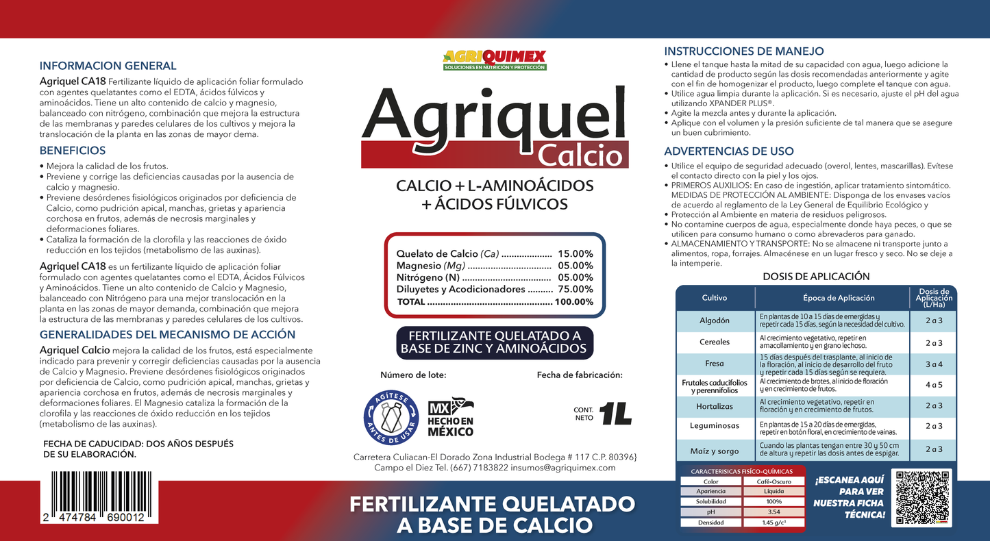 AGRIQUEL CALCIO, (Calcio+L-Amionoácidos+Acidos Fúlvicos) 1L.