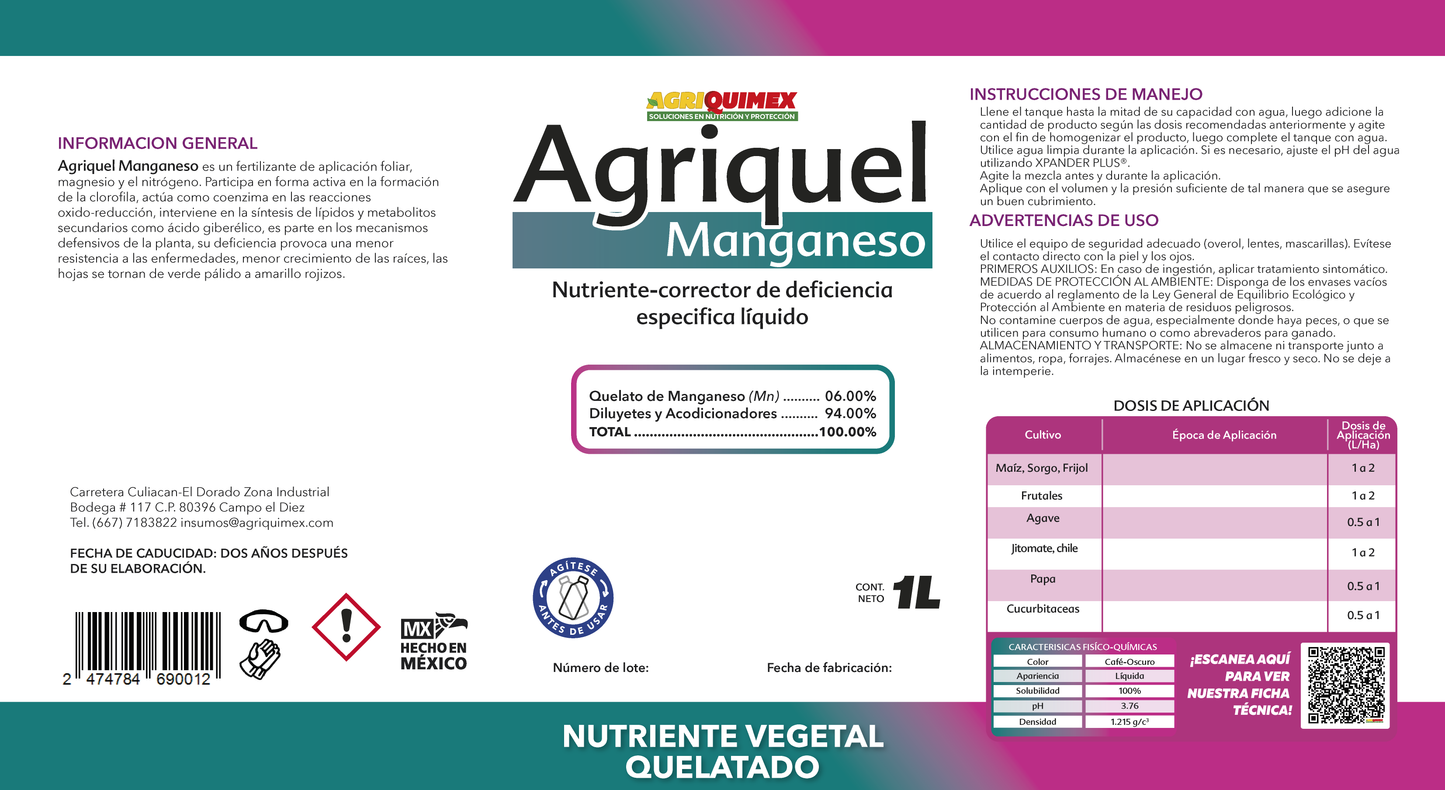 AGRIQUEL MANGANESO, (Quelatado de Manganeso+Diluyentes y acondicionadores) 1L.
