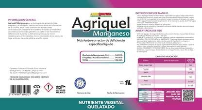 AGRIQUEL MANGANESO, (Quelatado de Manganeso+Diluyentes y acondicionadores) 1L.