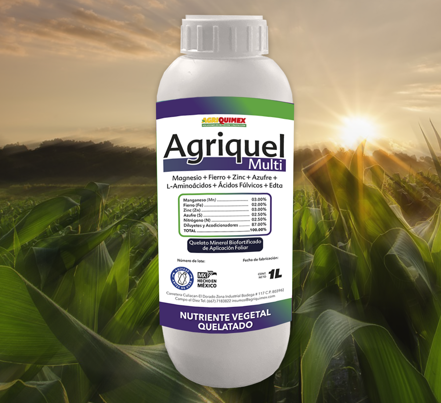 AGRIQUEL MULTI, (Manganeso+Fierrro+Zinc+Azufre+L-Aminioácidos+Ácidos Fulvicos+Edta) 1L.