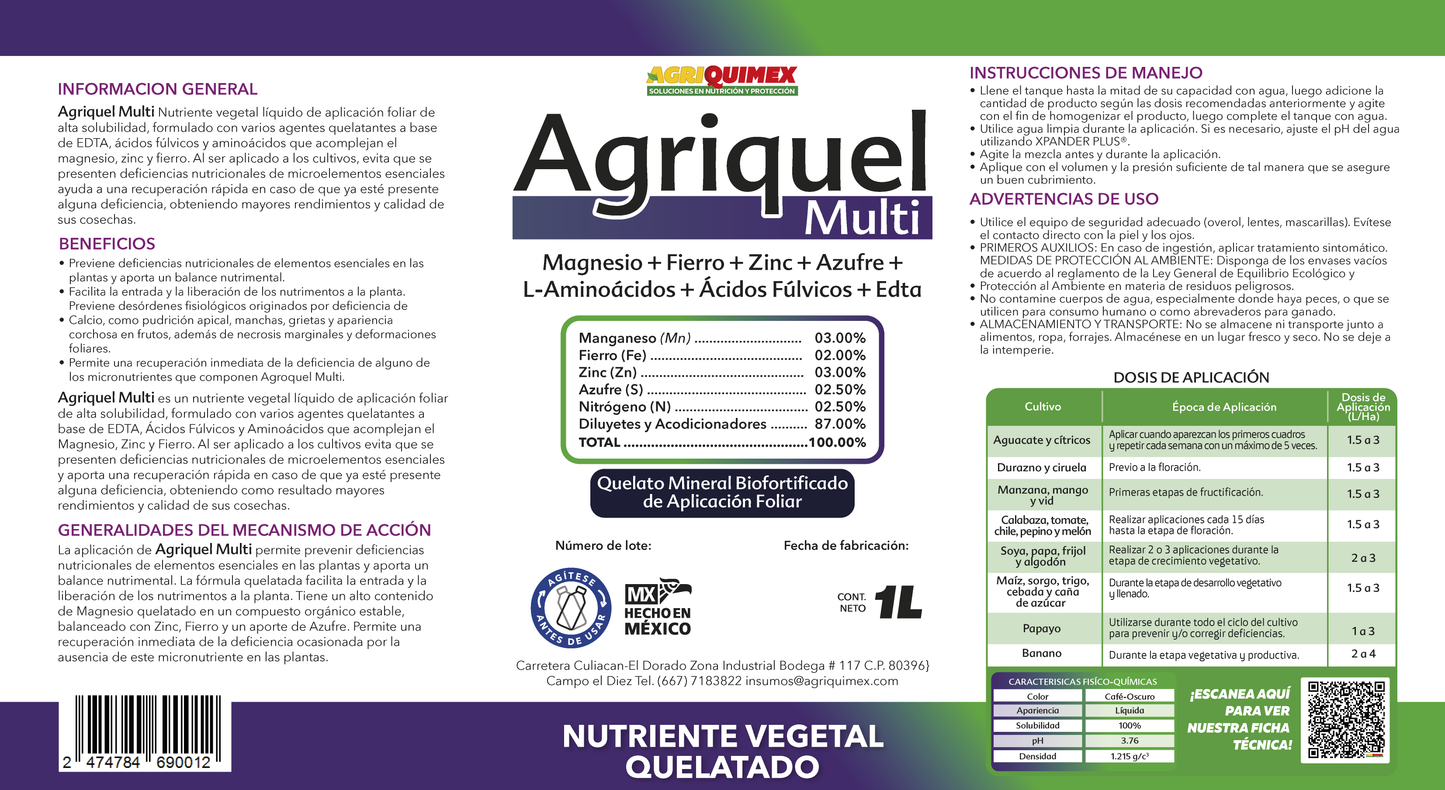 AGRIQUEL MULTI, (Manganeso+Fierrro+Zinc+Azufre+L-Aminioácidos+Ácidos Fulvicos+Edta) 1L.