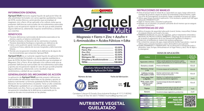 AGRIQUEL MULTI, (Manganeso+Fierrro+Zinc+Azufre+L-Aminioácidos+Ácidos Fulvicos+Edta) 1L.