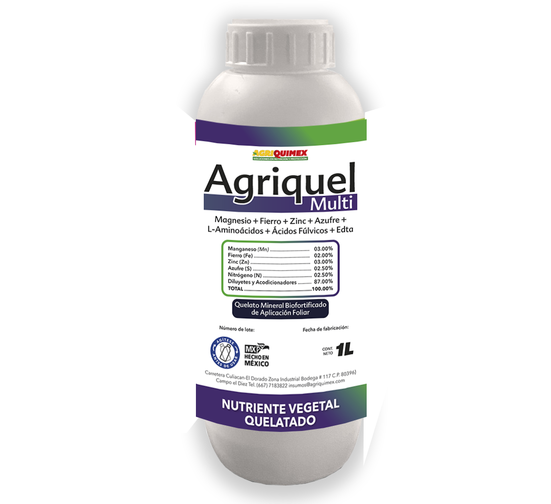 AGRIQUEL MULTI, (Manganeso+Fierrro+Zinc+Azufre+L-Aminioácidos+Ácidos Fulvicos+Edta) 1L.