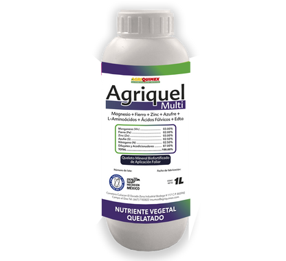 AGRIQUEL MULTI, (Manganeso+Fierrro+Zinc+Azufre+L-Aminioácidos+Ácidos Fulvicos+Edta) 1L.