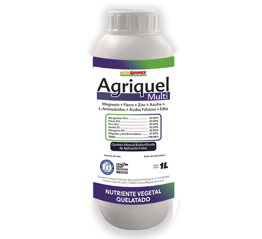 AGRIQUEL MULTI, (Manganeso+Fierrro+Zinc+Azufre+L-Aminioácidos+Ácidos Fulvicos+Edta) 1L.